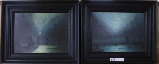 Harry Halsey, pair of oils on board, Passing cloud over westminster and The Gate of London (Tower Bridge), 23 x 31cm